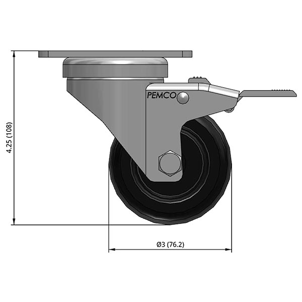 Side view drawing of caster with dimensions